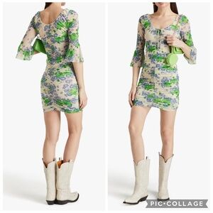 NEW GANNI 70's Retro GoGo Dancer Floral-Print Mesh Mini Dress Size 42 US 12